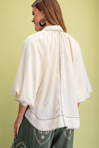 Satin Balloon Sleeve Button Down Blouse