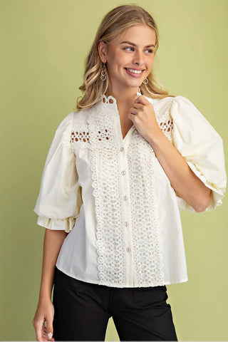 Button Down Blouse with 3/4 Length Balloon Sleeves