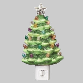 Ceramic Christmas tree night light with colorful lights on a black background