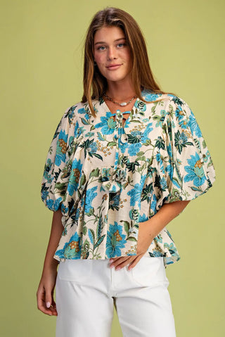 Floral Print Balloon Sleeve Bouse with Tie Neck Strings