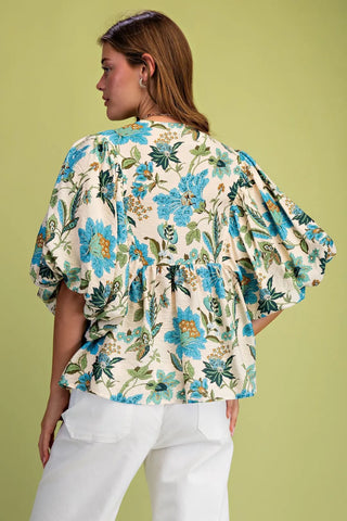 Floral Print Balloon Sleeve Bouse with Tie Neck Strings