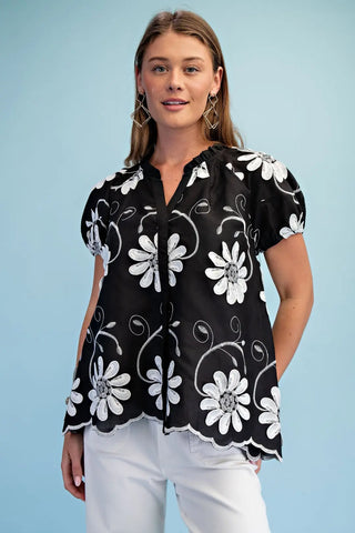Floral 3D Appliqué and Embroidered V-Neck Top with a Covered Button Placket and Elastic Banded Sleeves