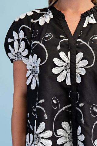 Floral 3D Appliqué and Embroidered V-Neck Top