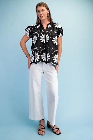 Floral 3D Appliqué and Embroidered V-Neck Top
