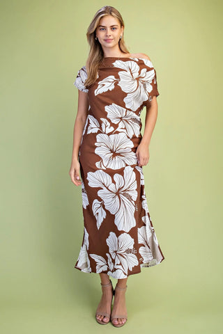 Hibiscus Print Draped Asymmetric Maxi Dres