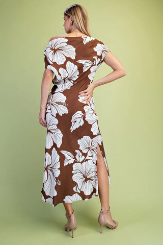 Hibiscus Print Draped Asymmetric Maxi Dres