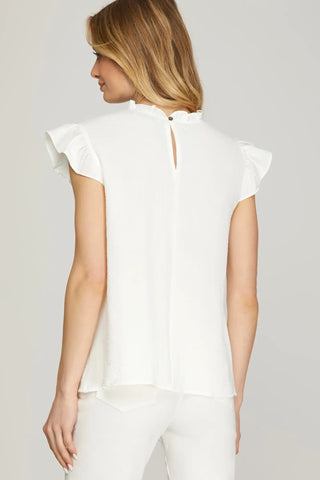 RUFFLE SLEEVE PINTUCK DETAIL WOVEN TOP