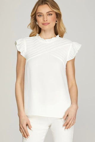 RUFFLE SLEEVE PINTUCK DETAIL WOVEN TOP