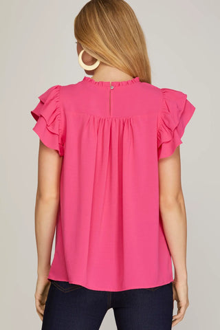 RUFFLE SLEEVE PLEATED YORK WOVEN TOP