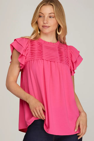 RUFFLE SLEEVE PLEATED YORK WOVEN TOP