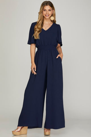 Flounce Sleeve Smock Waist Jumpsuit