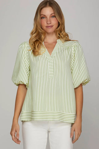 BUBBLE SLEEVE STRIPED WOVEN TOP