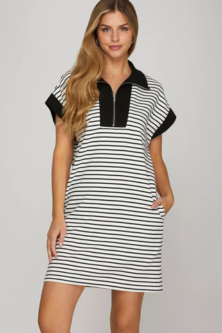 HALF ZIP STRIPED KNIT MINI DRESS WITH POCKETS