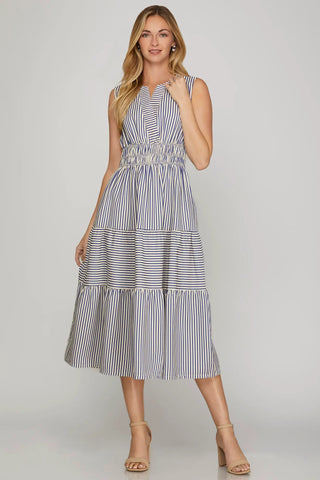 Striped Tiered Midi Dress with Pockets