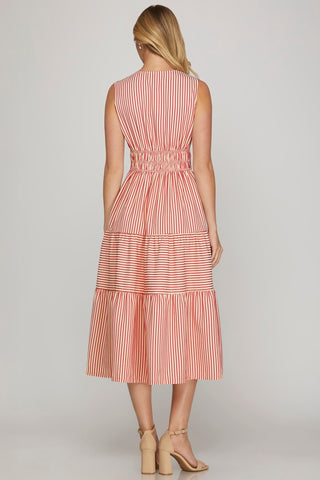 Striped Tiered Midi Dress with Pockets