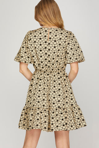 Puff Sleeve Floral Jacquard Dress