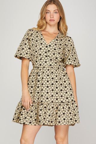 Puff Sleeve Floral Jacquard Dress