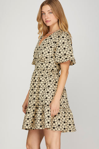 Puff Sleeve Floral Jacquard Dress