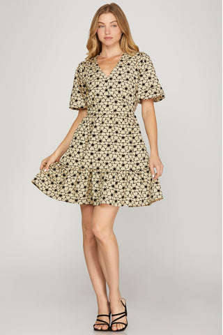 Puff Sleeve Floral Jacquard Dress