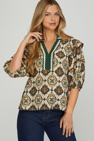 Contrast Printed V-Neck Top
