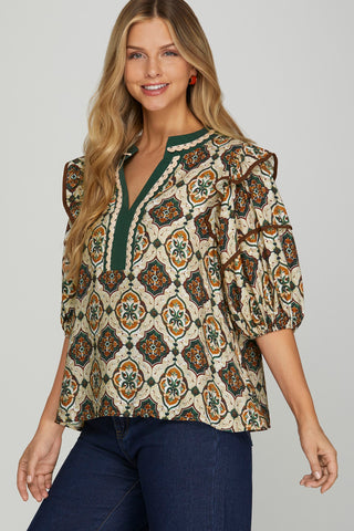 Contrast Printed V-Neck Top