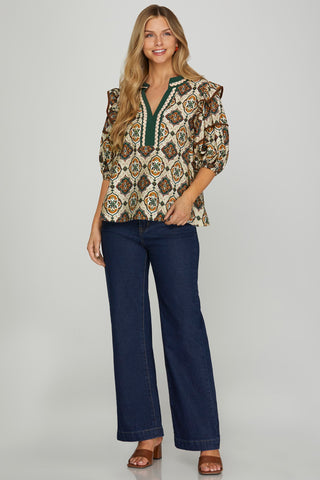 Contrast Printed V-Neck Top
