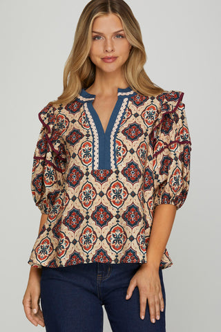 Contrast Printed V-Neck Top