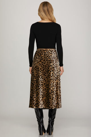 Leopard Print Velvet Midi Skirt