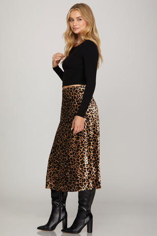 Leopard Print Velvet Midi Skirt