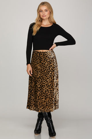 Leopard Print Velvet Midi Skirt