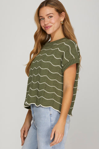 Scallop Striped Knit Sweater