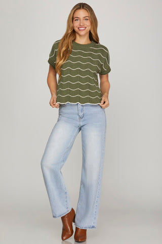 Scallop Striped Knit Sweater