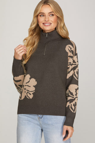 Floral Pattern Half Zip Sweater