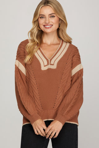 V-Neck Cable Sweater