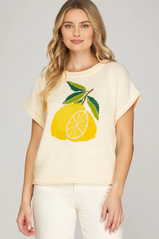 DROP SHORT SLEEVE LEMON PRINT KNIT SWEATER TOP
