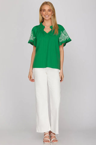 SHORT SLEEVE EMBROIDERED TOP
