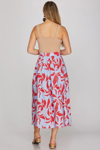 PRINTED MIDI SKIRT WITH BACK ELASTIC WAISTBAND