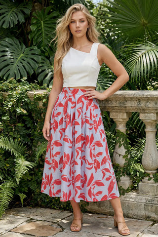 PRINTED MIDI SKIRT WITH BACK ELASTIC WAISTBAND