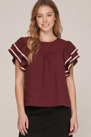 RUFFLE SLEEVE WOVEN TOP