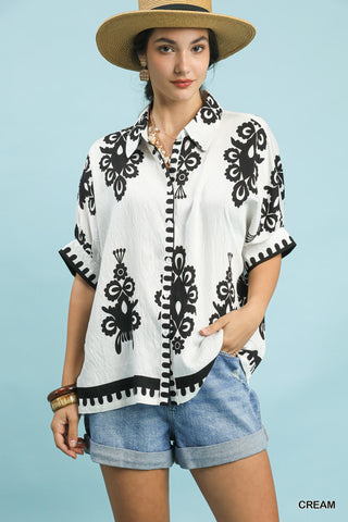 Oversized Abstract Print Button Down Top