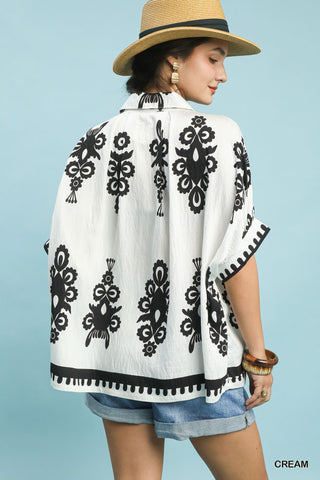 Oversized Abstract Print Button Down Top