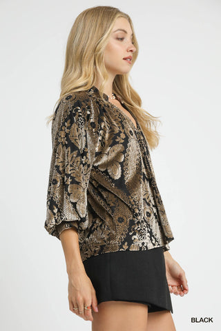 Damask Print Velvet Split Neck Top