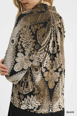 Damask Print Velvet Split Neck Top