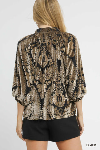 Damask Print Velvet Split Neck Top