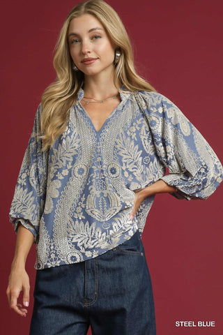 Damask Print Velvet Split Neck Top