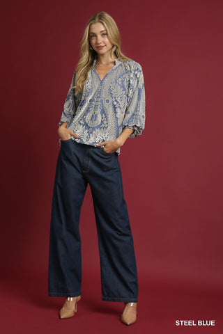 Damask Print Velvet Split Neck Top