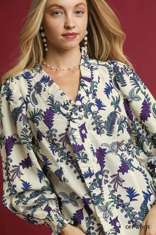 Ruffle Trim Floral Print Button Blouse