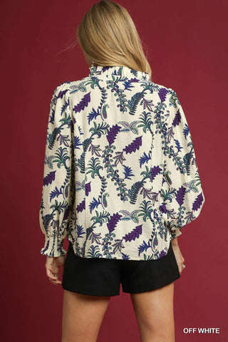 Ruffle Trim Floral Print Button Blouse