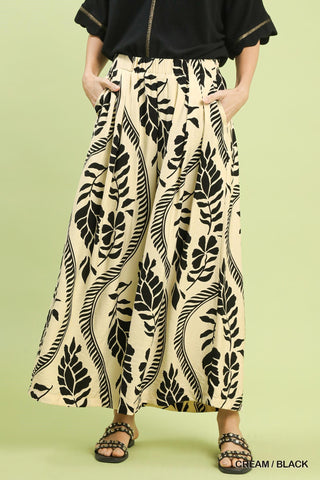 Tropical Leaf Print Wide Leg Pants