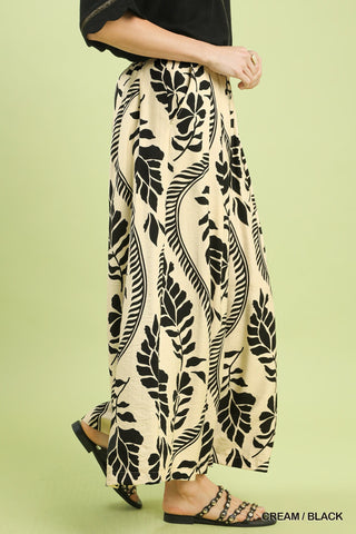 Tropical Leaf Print Wide Leg Pants